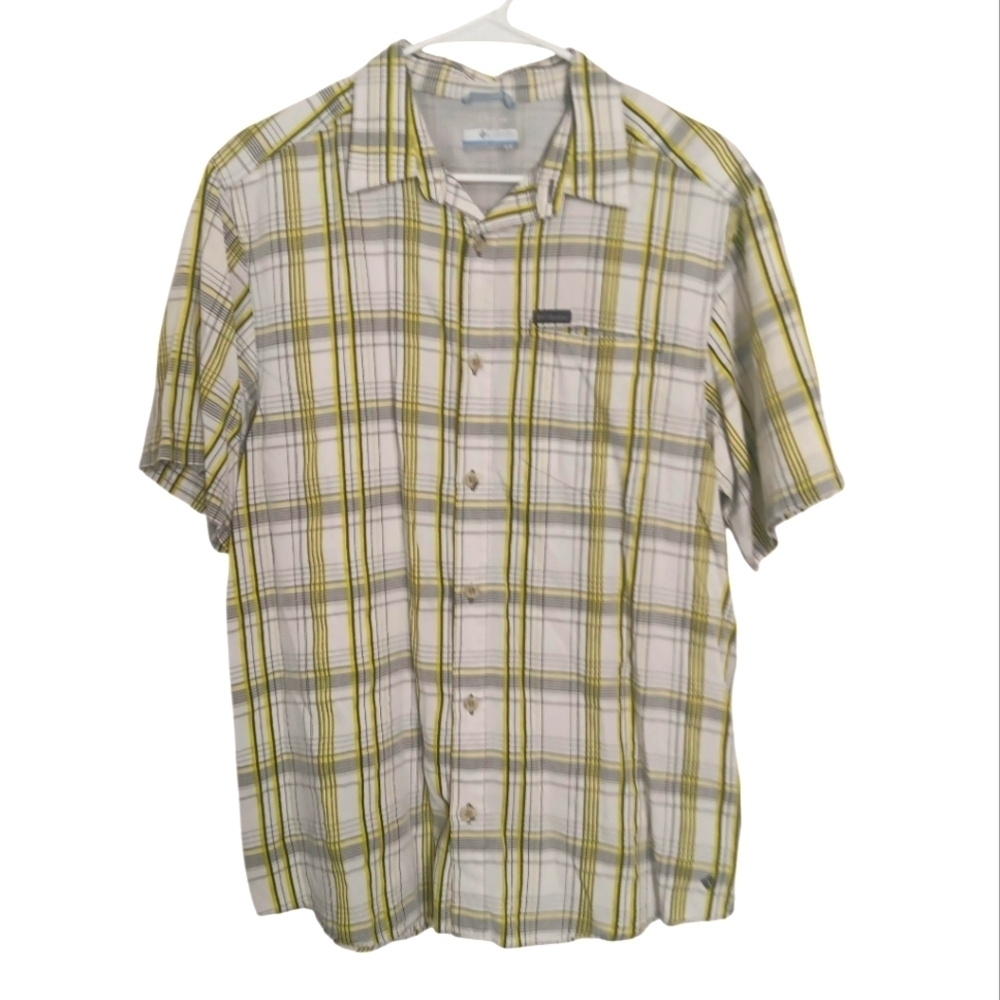 Columbia Men's Yellow White Plaid Sun Protect Short Sleeve Button Up Size Medium
